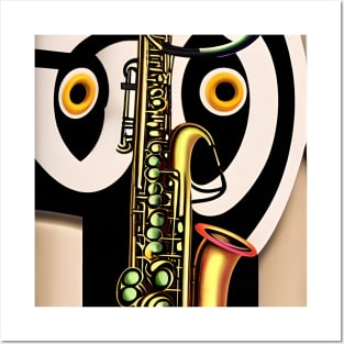 A Saxophone In The Foreground With What Looks Like A Pair Of Owl’s Eyes In The Background. Posters and Art